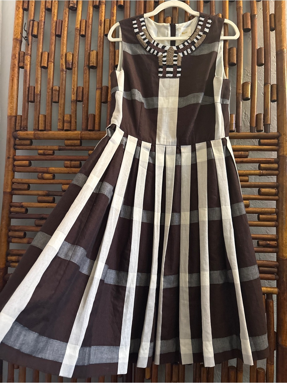 SZ 12 MAEVE ANTHROPOLOGY BEADED COTTON BROWN GINGHAM CHECKERED PLEATED DRESS - Picture 2 of 14
